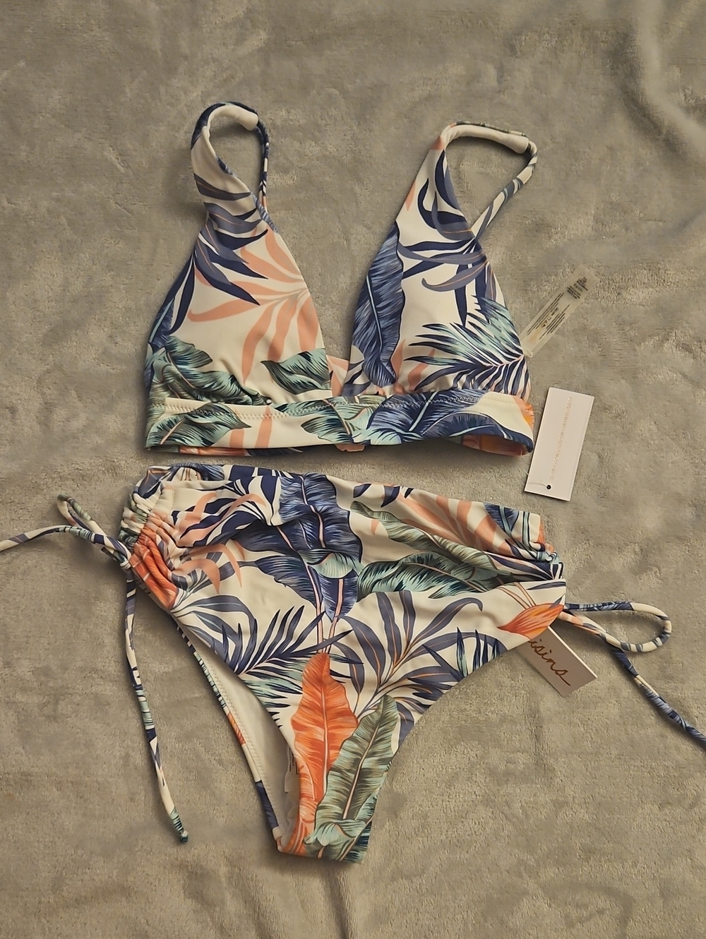 Raisins Tropical Leaf Print Bikini - Blue, Green, Coral on White